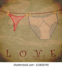 The underwear dries on rope - card. Place for your text. Grunge vector illustration.
