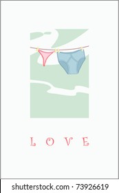 The underwear dries on rope - card. Vector illustration.
