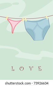 The underwear dries on rope - card. Vector illustration.