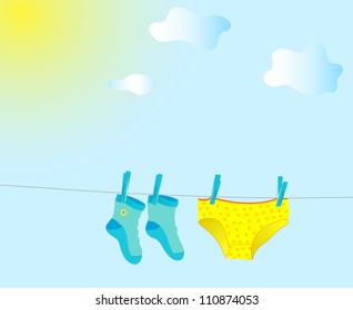 The underwear dries on a rope in the open air. Vector. eps 8