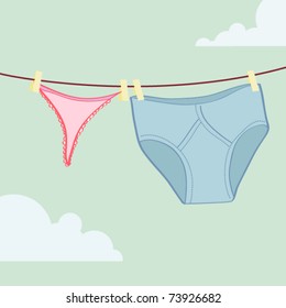 The underwear dries on rope. Vector illustration.
