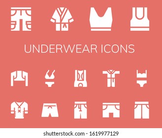 underwear icon set. 14 filled underwear icons. Included Shorts, Bathrobe, Tank top, Clothes, Bolero, Swimsuit, Bikini, Pants, Short icons