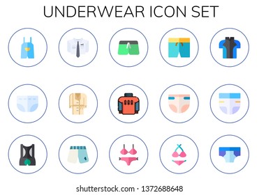 underwear icon set. 15 flat underwear icons.  Collection Of - overall, diaper, clothing, bathrobe, swimsuit, pullover, clothes, shorts, bikini