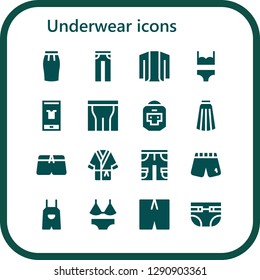  underwear icon set. 16 filled underwear icons. Simple modern icons about  - Skirt, Jeans, Cardigan, Bikini, Fashion, Pants, Boxer, Swimsuit, Bathrobe, Shorts, Overall, Diapers