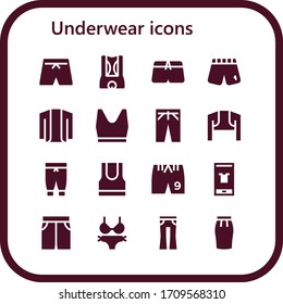 Unterwäsche-Icon-Set. 16 gefüllte Unterwäsche-Symbole. Einschließlich Swimsuit, Shorts, Cardigan, Tank Top, Hosen, Bolero, Pants, Mode, Short, Bikini, Jeans, Rock-Symbole