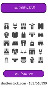 underwear icon set. 25 filled underwear icons.  Collection Of - Pants, Bikini, Clothes, Bathrobe, Swimsuit, Cardigan, Tank top, Underwear, Shorts, Swim shorts, Overall, Brassiere