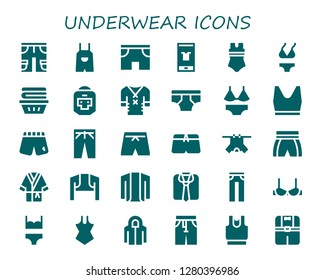  underwear icon set. 30 filled underwear icons. Simple modern icons about  - Shorts, Overall, Fashion, Swimsuit, Bikini, Clothes, Boxer, Underwear, Tank top, Trousers, Bathrobe