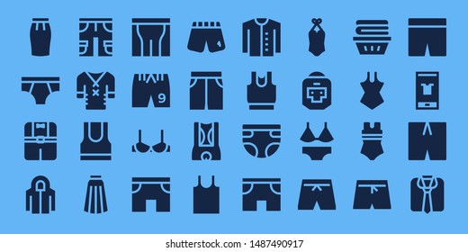 underwear icon set. 32 filled underwear icons. on blue background style Simple modern icons about  - Skirt, Underwear, Clothes, Hoodie, Shorts, Tank top, Pants, Brassiere, Short