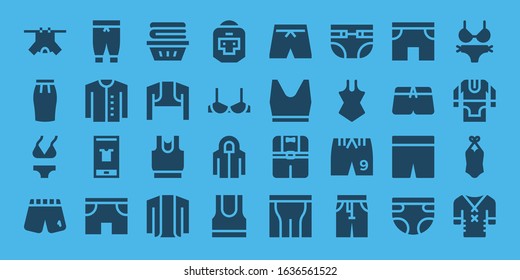 underwear icon set. 32 filled underwear icons. Included Clothes, Skirt, Bikini, Shorts, Pants, Cardigan, Fashion, Bolero, Boxer, Brassiere, Hoodie, Tank top, Swimsuit, Diapers icons