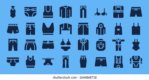 underwear icon set. 32 filled underwear icons. Included Swimsuit, Shorts, Trousers, Underwear, Diapers, Pants, Clothes, Tank top, Cardigan, Bolero, Jeans, Short, Skirt, Brassiere icons