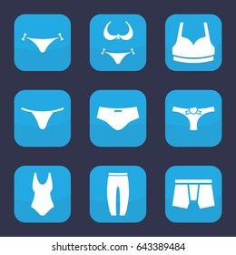 Underwear icon. set of 9 filled underwear icons such as panties with heart, bikini, sport bra, underpants, man swim wear