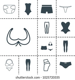 Underwear icons. set of 13 editable filled and outline underwear icons such as corset, underpants, swimsuit, man swim wear, bra, booty fitness, diaper