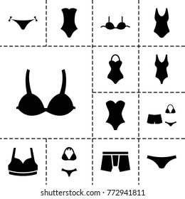Underwear icons. set of 13 editable filled underwear icons such as panties with heart, sport bra, bra, swimsuit, swim suit