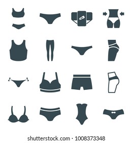 Underwear icons. set of 16 editable filled underwear icons such as diaper, panties with heart, sport bra, underpants, swimsuit, booty fitness, swim suit, slim