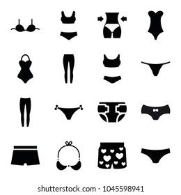 Underwear icons. set of 16 editable filled underwear icons such as bra, underpants, swim suit, man swim wear, swimsuit, diaper, panties with heart