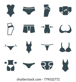 Underwear icons. set of 16 editable filled underwear icons such as diaper, panties with heart, bra, slim, booty fitness, swim suit