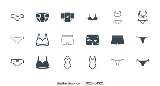 Underwear icons. set of 18 editable filled and outline underwear icons: diaper, sport bra, bra, man swim wear, bikini, swim suit, swimsuit