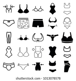Underwear icons. set of 25 editable filled and outline underwear icons such as bikini, slim, sport bra, bra, swim suit, panties with heart, swimsuit, underpants, man swim wear