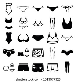 Underwear icons. set of 25 editable filled and outline underwear icons such as panties with heart, bra, sport bra, swimsuit, swim suit, man swim wear, bikini
