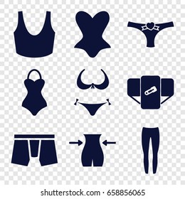 Underwear icons set. set of 9 underwear filled icons such as diaper, bikini, slim, man underwear, corset, sport bra, underpants, panties with heart