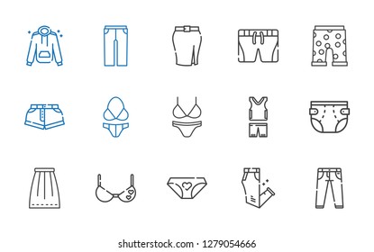 underwear icons set. Collection of underwear with jeans, trousers, panties, bra, skirt, diaper, sportswear, bikini, shorts, swim suit, hoodie. Editable and scalable underwear icons.