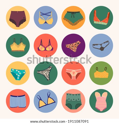 Underwear icons set. Round background covers for social networks. Bras, panties, pajamas, thongs. Multicolor vector illustration for design.