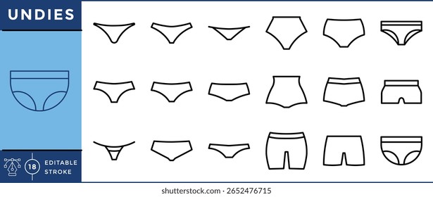 Underwear icons set. Various kinds of undies. Vector editable stroke.
