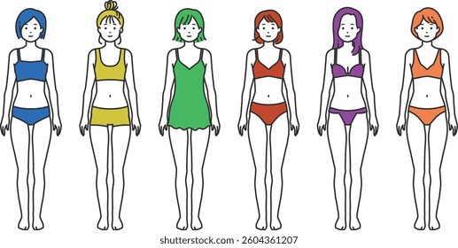Underwear Illustration Set – Clean and Versatile. Men and women in simple underwear style. Ideal for health, fitness, body care, or apparel ads and educational materials. Colorful and clear.