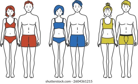 Underwear Illustration Set – Clean and Versatile. Men and women in simple underwear style. Ideal for health, fitness, body care, or apparel ads and educational materials. Colorful and clear.
