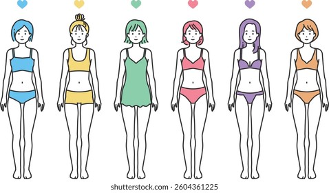 Underwear Illustration Set – Clean and Versatile. Men and women in simple underwear style. Ideal for health, fitness, body care, or apparel ads and educational materials. Colorful and clear.