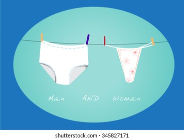 Underwear of man and women on a string, laundry day, vector illustration 
