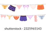 Underwear on rope. Male female panties and bras hanging on clothesline, lingerie washing set. Cartoon fashion underpants vector elements