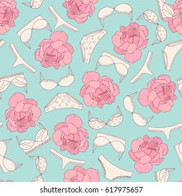 Underwear and rose seamless pattern, on light blue background