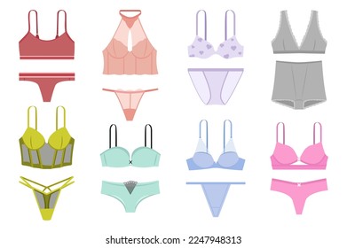 Unterwäsche Set Konzept ohne Menschen Szene in der flachen Cartoon-Design. Bilder verschiedener Arten von Frauenunterwäsche. Vektorgrafik.
