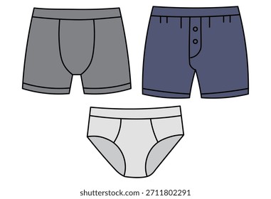 Conjunto de roupas íntimas masculinas com boxers, troncos e ilustração clássica dos briefs