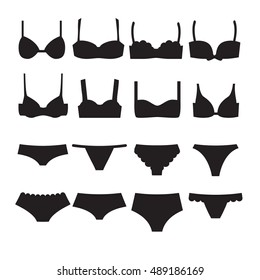 Underwear set icons. Bra different styles and woman panties. Template for shop card or banner. Vector illustration