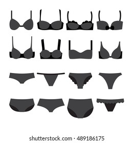 Underwear set icons. Bra different styles and woman panties. Template for shop card or banner. Vector illustration