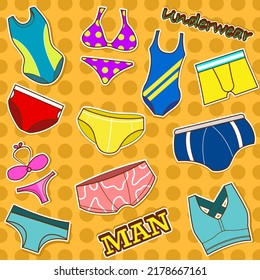 Underwear Stickers.  Undershirts, bodysuits, swimming trunks, men's underwear. Doodle vector illustration.