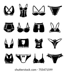Underwear types icons set. Simple illustration of 16 underwear types vector icons for web