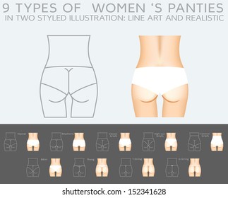 Underwear vector set: 9 types of women's panties in two styled illustration that are line art and realistic.