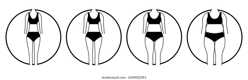 Ícone de baixo peso, normal, gordo, acima do peso define vetor de ilustração. Círculo Interno