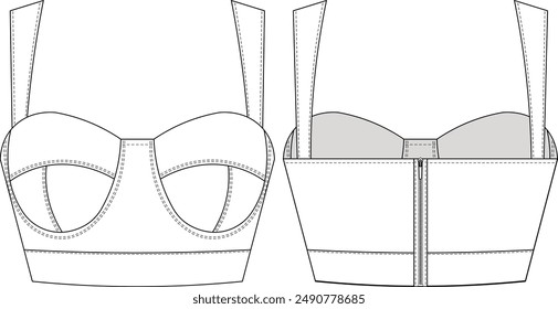 underwired shoulder straps strapped strappy sleeveless square neck crop cropped denim jean bustier blouse top template technical drawing flat sketch cad mockup fashion woman design style model 