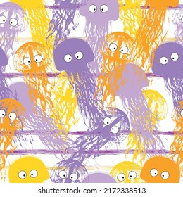 Underworld seamless pattern.  Marine ocean animals pattern. Fish, narwhal, jellyfish pattern.