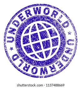 UNDERWORLD stamp watermark with distress texture. Blue vector rubber print of UNDERWORLD tag with dust texture. Seal has words placed by circle and planet symbol.