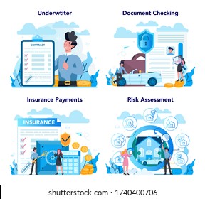 Underwriter concept set. Business insurance, financial payment in case of damage or financial loss. Idea of security and protection of property and profit. Isolated vector illustration