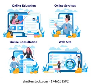 Underwriter online service or platform set. Business insurance, financial payment in case of damage or financial loss. Online consultation, education, website. Isolated vector illustration