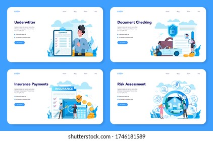 Underwriter web banner or landing page set. Business insurance, financial payment in case of damage or financial loss. Idea of security and protection of property and profit. Vector illustration