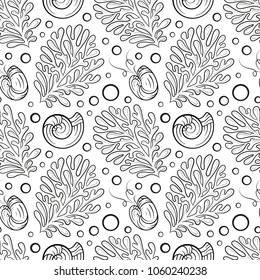 Undewater corals and shells vector seamless pattern. Hand Drawn vector illustration.