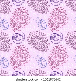 Undewater corals and shells vector seamless pattern. Hand Drawn vector illustration.