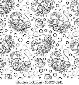 Undewater crabs and shells vector seamless pattern. Hand Drawn vector illustration.